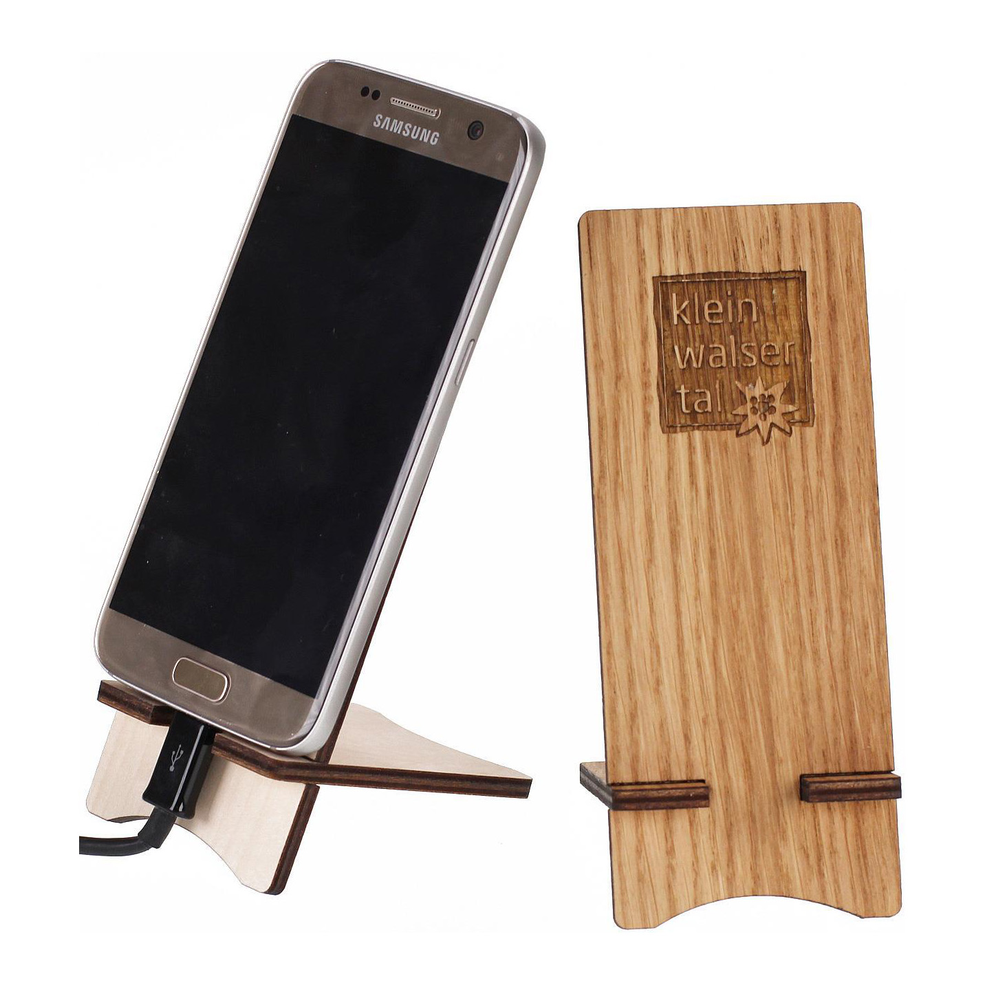 Personalisierter Smartphone Halter zum stellen und hängen mit Laser Gravur  Lärche geölt bis 10 cm²